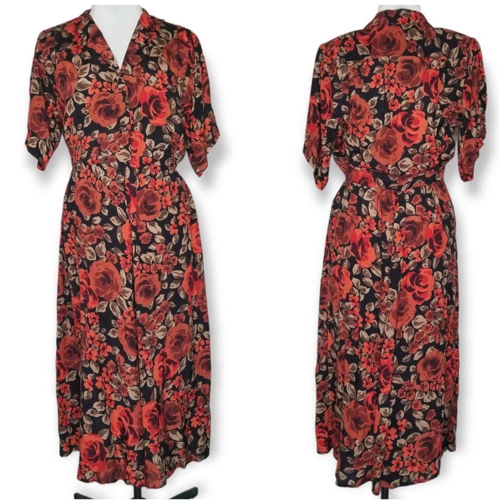 ⭐️Vintage Modest Black Collared Midi Dress With Orange Flowers Elastic Waist